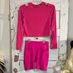 All in Motion Bright Pink Activewear Cut out Top + Old Navy Active Biker Shorts